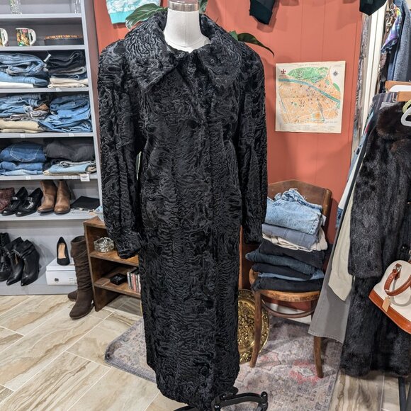 Vintage Genuine Persian Lamb Fur Coat Padded Shoulder Balloon Sleeves Black - Picture 1 of 10